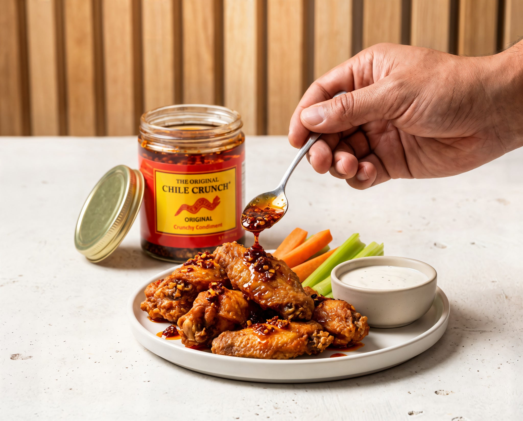 Chile Crunch spooned over chicken wings