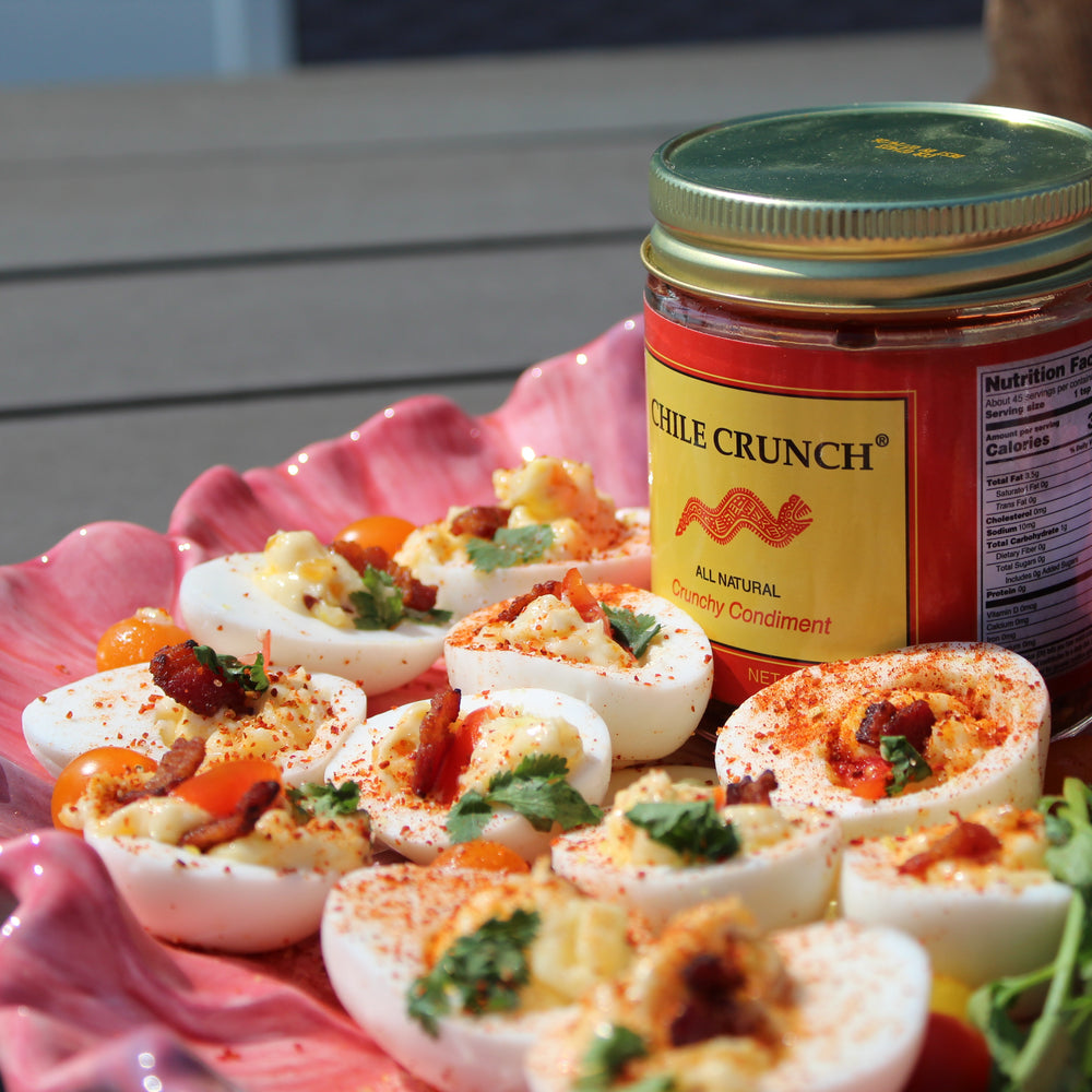 Deviled eggs recipe with Chile Crunch spicy condiment