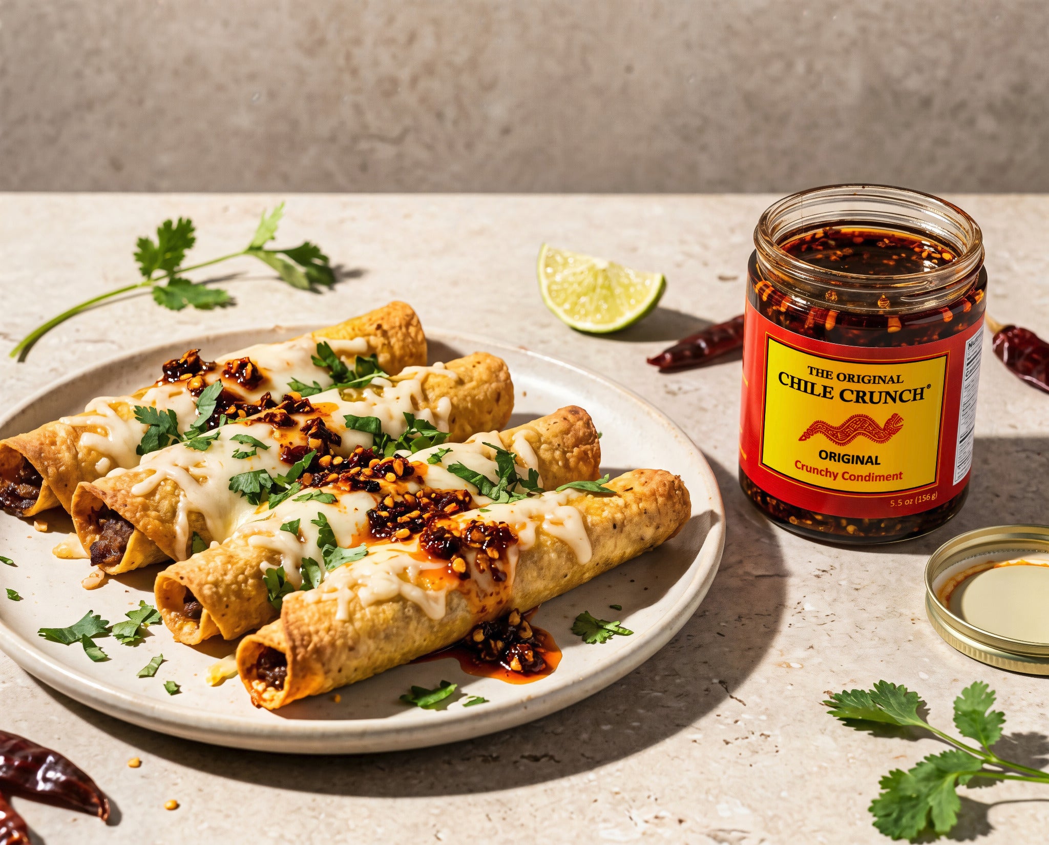 Chile Crunch Original with crispy taquitos